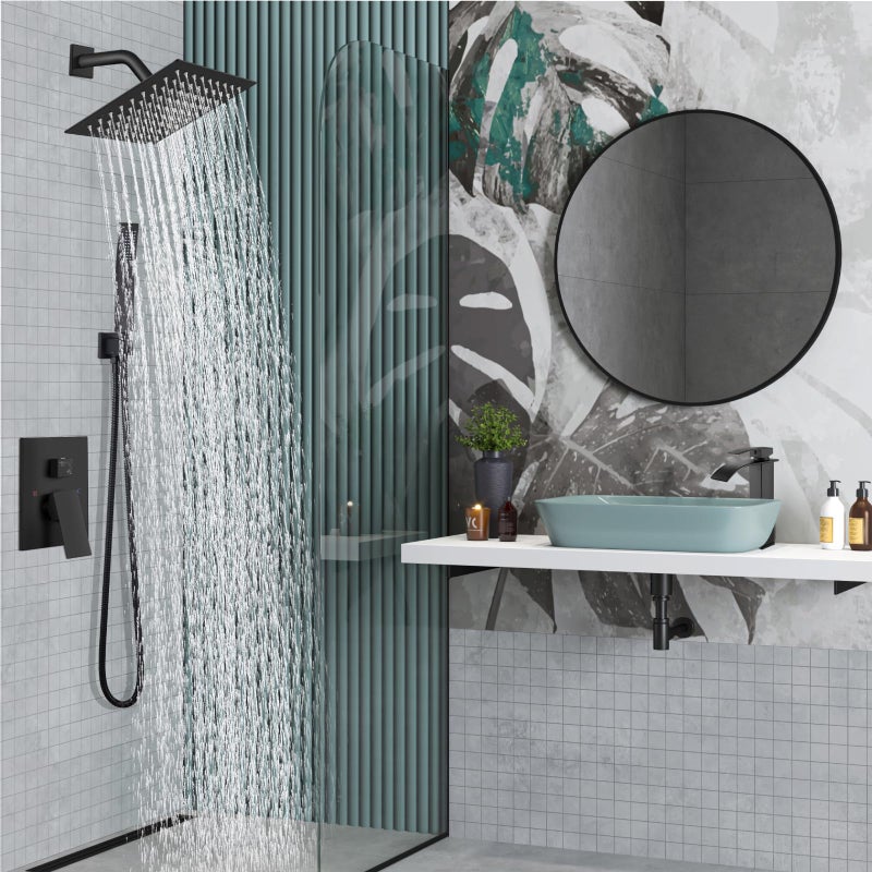 Midanya Shower Faucet Set,Wall Mount Shower System with Square Rain Shower Head and Hand Sprayer, Rough-in Valve Body and Trim Kit Included,8 Inch,Matte Black - Image 2